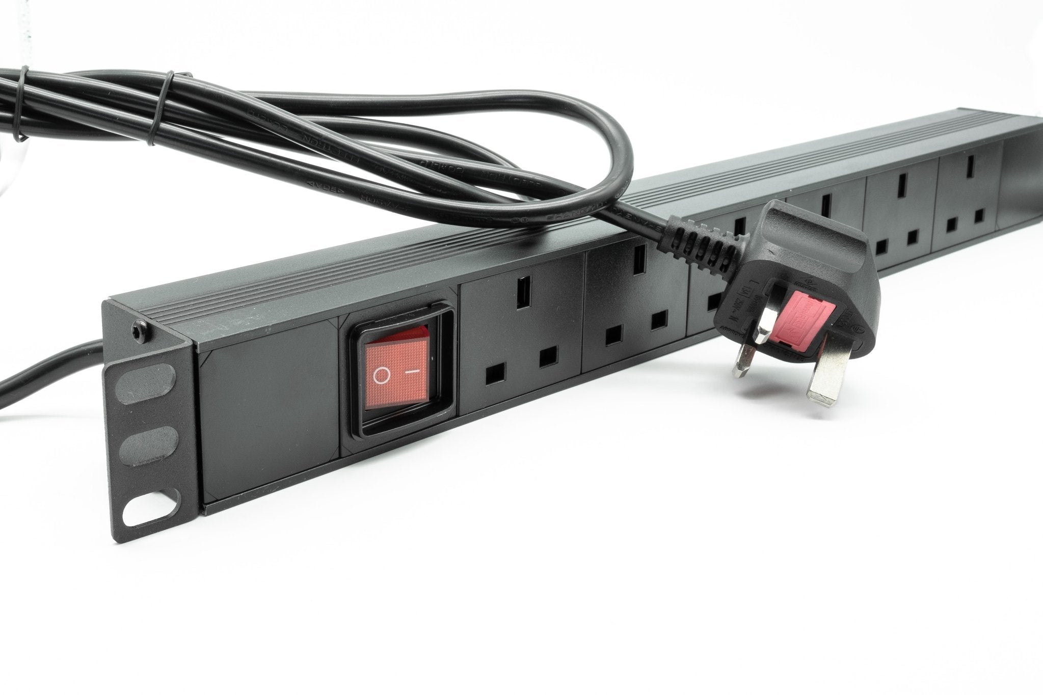 A 6-way 1U PDU  Power Bar in closed up view. A bundled item with a 6U Wall Mount Network Cabinet.