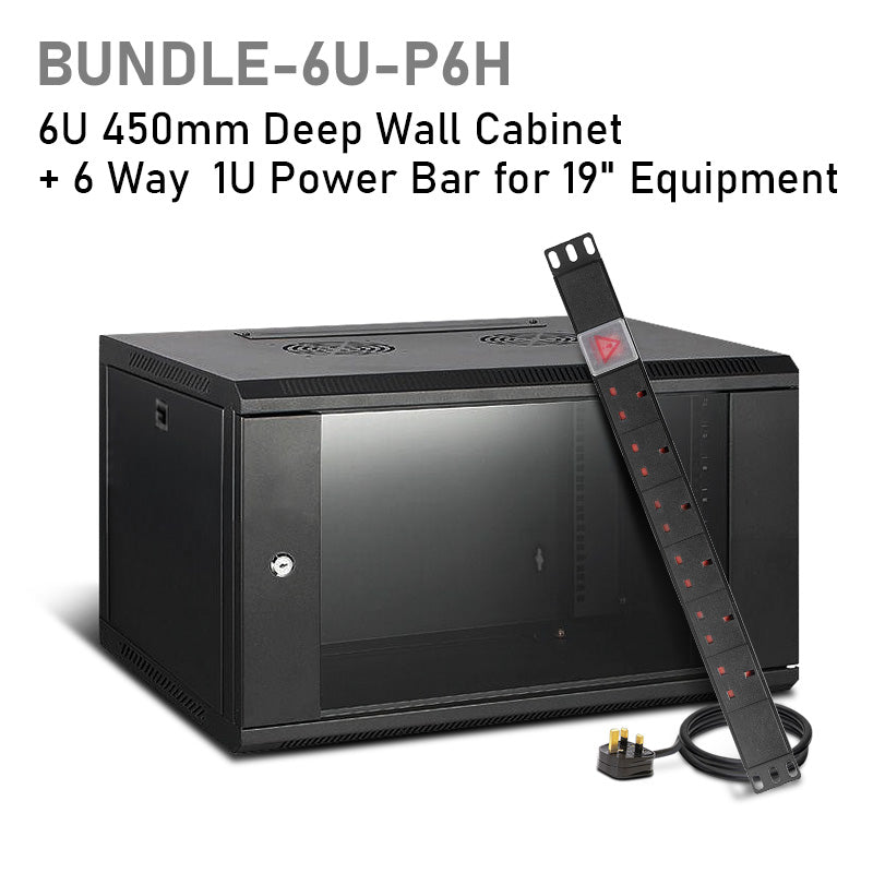 Assembled black 6U 450mm-deep wall mount network cabinet shown with a 6-way 1U Power Bar PDU on the side as bundled package.