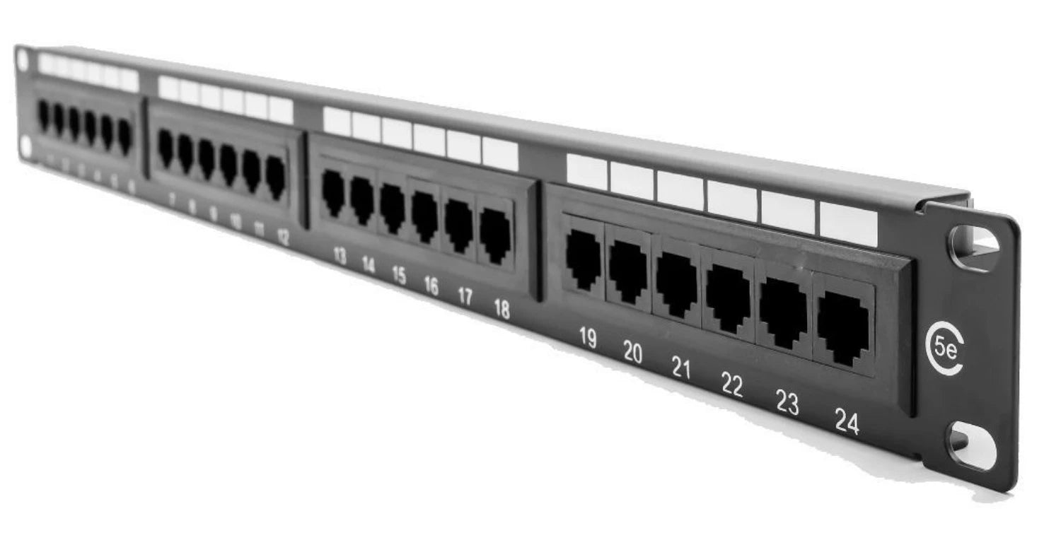 A 24-port Cat5e patch Panel closed up. This product is bundled with a 6U Wall Mount Data Cabinet.