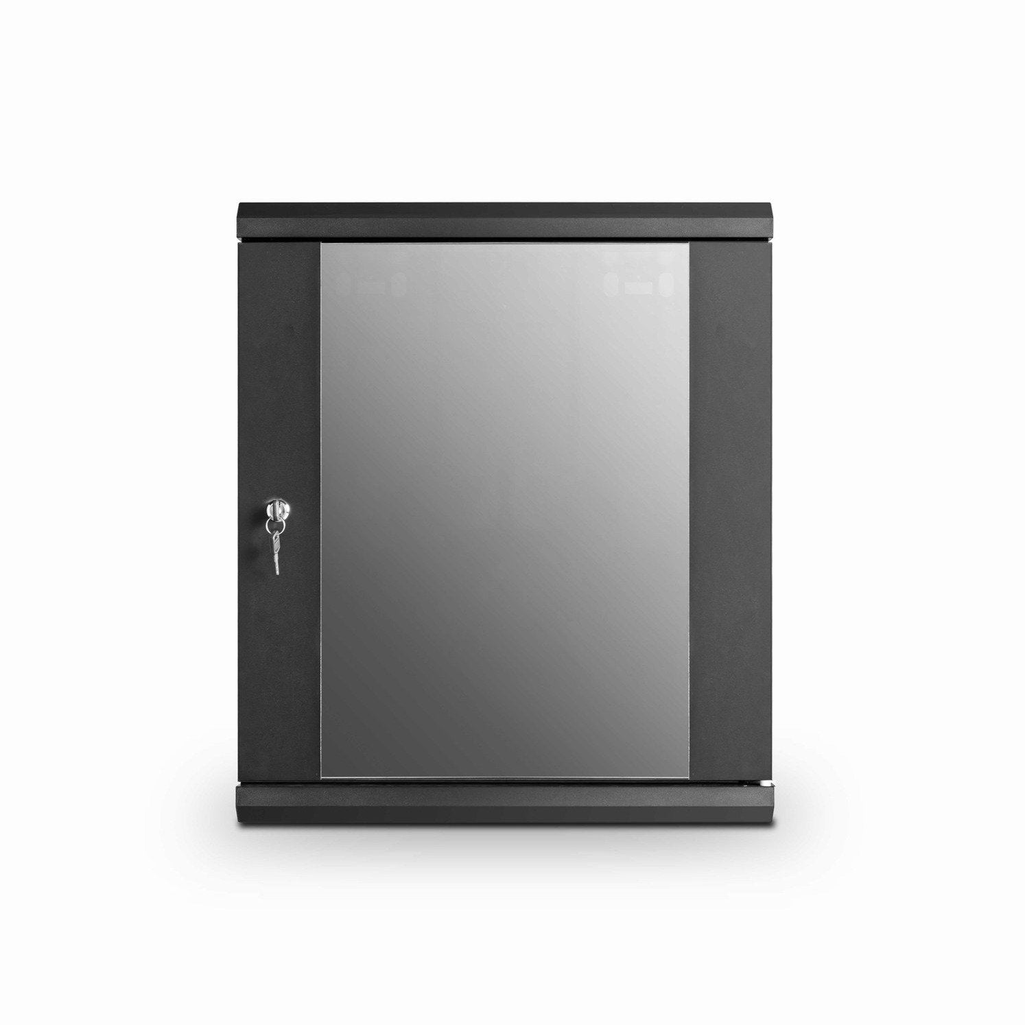 Front view of a black 9U 450mm-Deep Wall mount Network Cabinet  with its lockable glass door closed and keys are inserted.