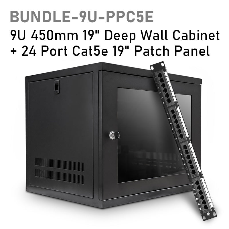 Assembled black 9U 450mm-deep wall mount network cabinet shown with a 24-Port  Patch Panel on the side as bundled package.