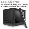 Assembled black 9U 450 mm-deep wall mount data cabinet shown with a 24-Port  Patch Panel on the side as a bundled package.