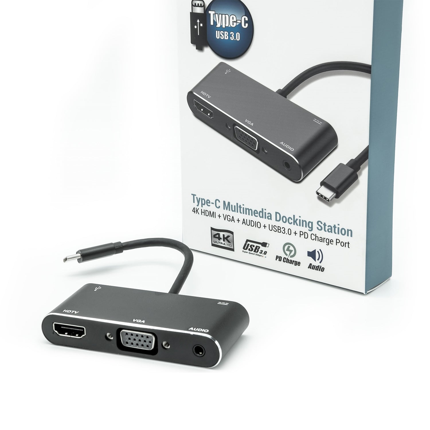 USB Type-C to VGA and 4K HDMI Adapter with Integral PD Charge Port