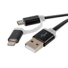 2 in 1 USB Cable with Micro USB & Lightning Connector - Black