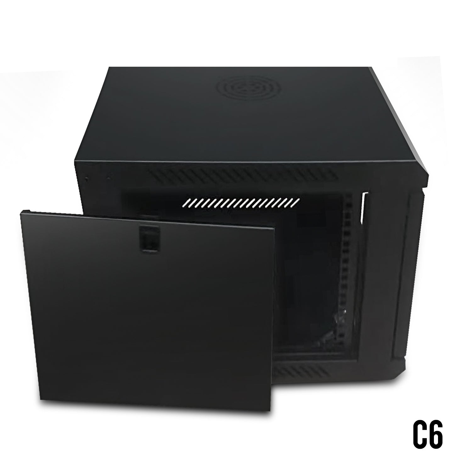 A view of a 6U Wall Mount Network Cabinet showing its top part and with the left  panel dismantled.