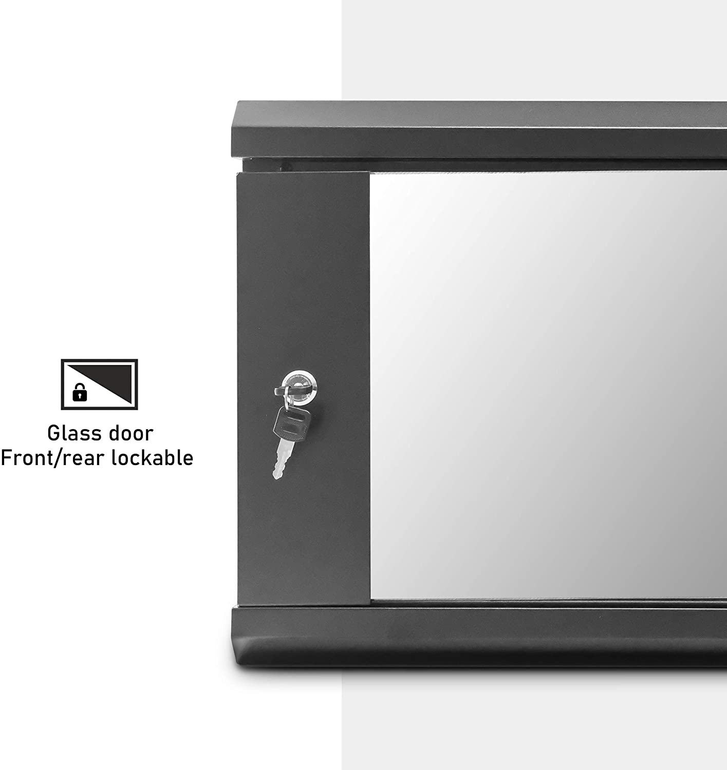Partial front view of a 6U Wall Mount Network Cabinet with the door closed and keys inserted.