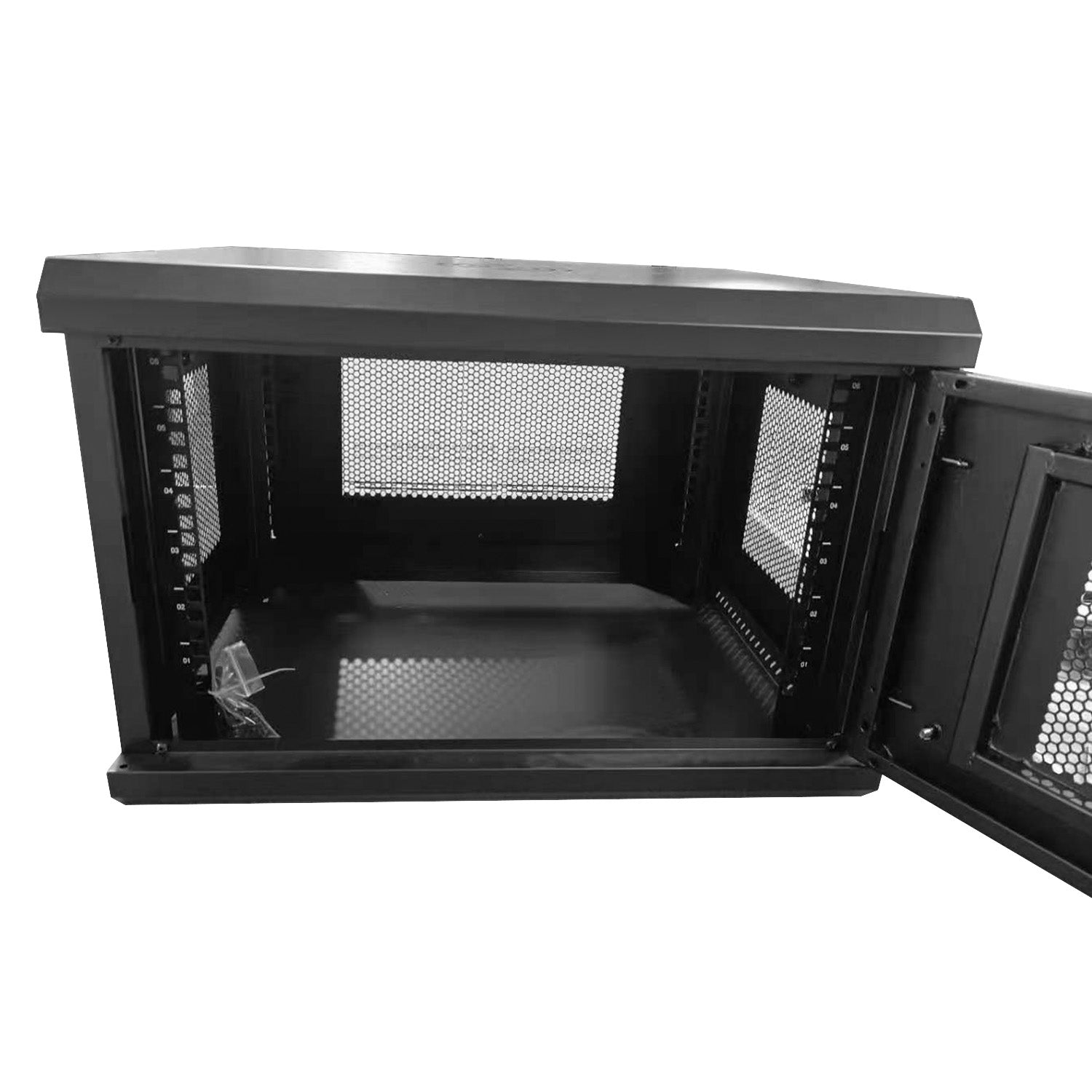 A 9U Wall Mount Network Cabinet front view with opened door.