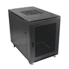 Isometric left front view of a 12U Server Cabinet showing its  mesh-vented roof and lockable door