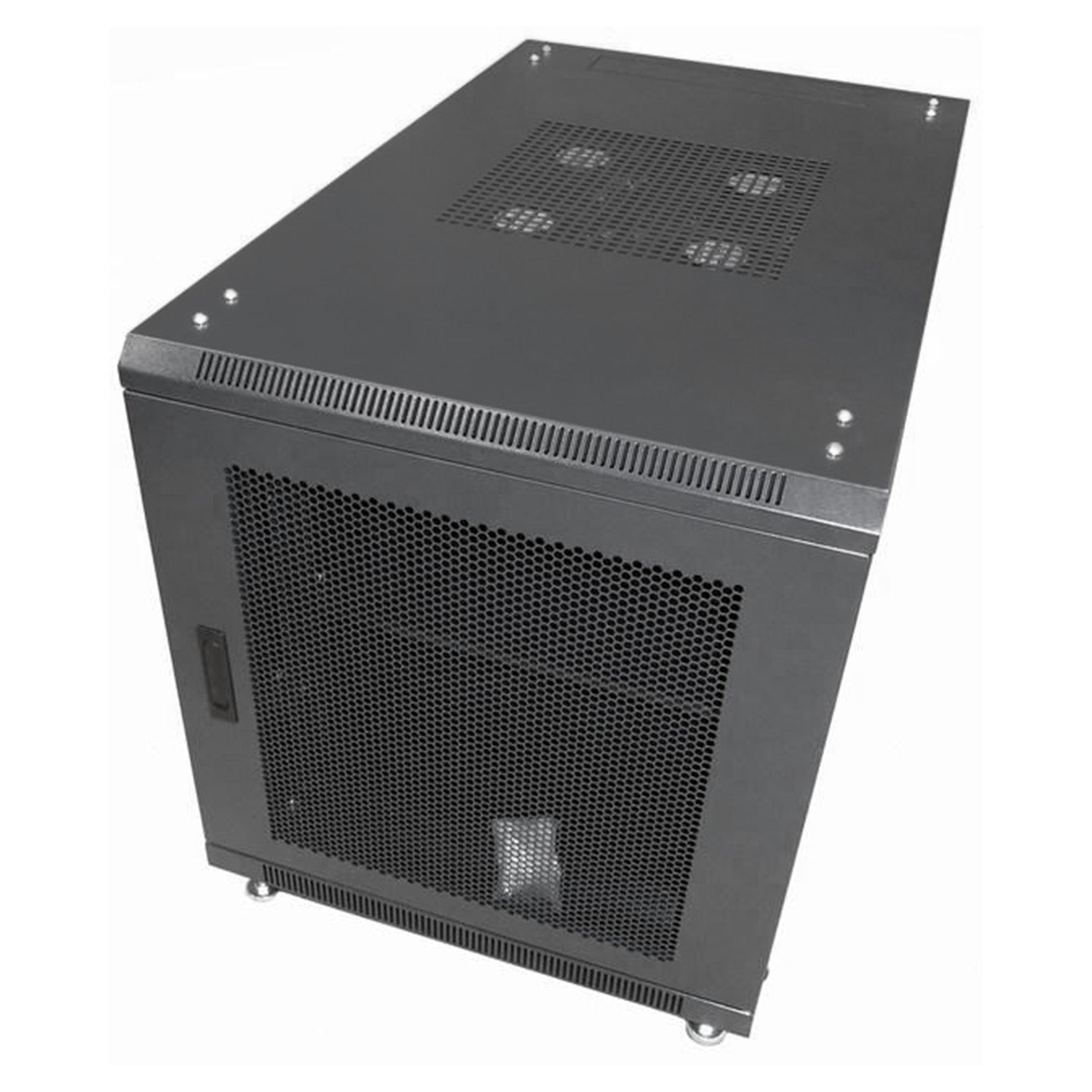 Isometric right  front view of a 12U Server  Cabinet showing its  mesh-vented roof and lockable door