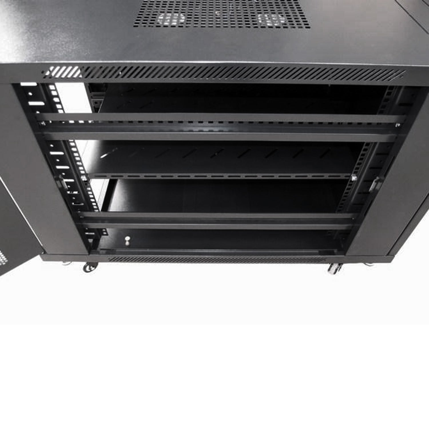 A 15U Server Cabinet with removed right panel cover exposing its racks and shelf.  