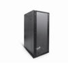 Isometric left-side view of 18U floor-standing data cabinet showing its closed vented  lockable  front  glass door  and  its  removable left-side panel cover