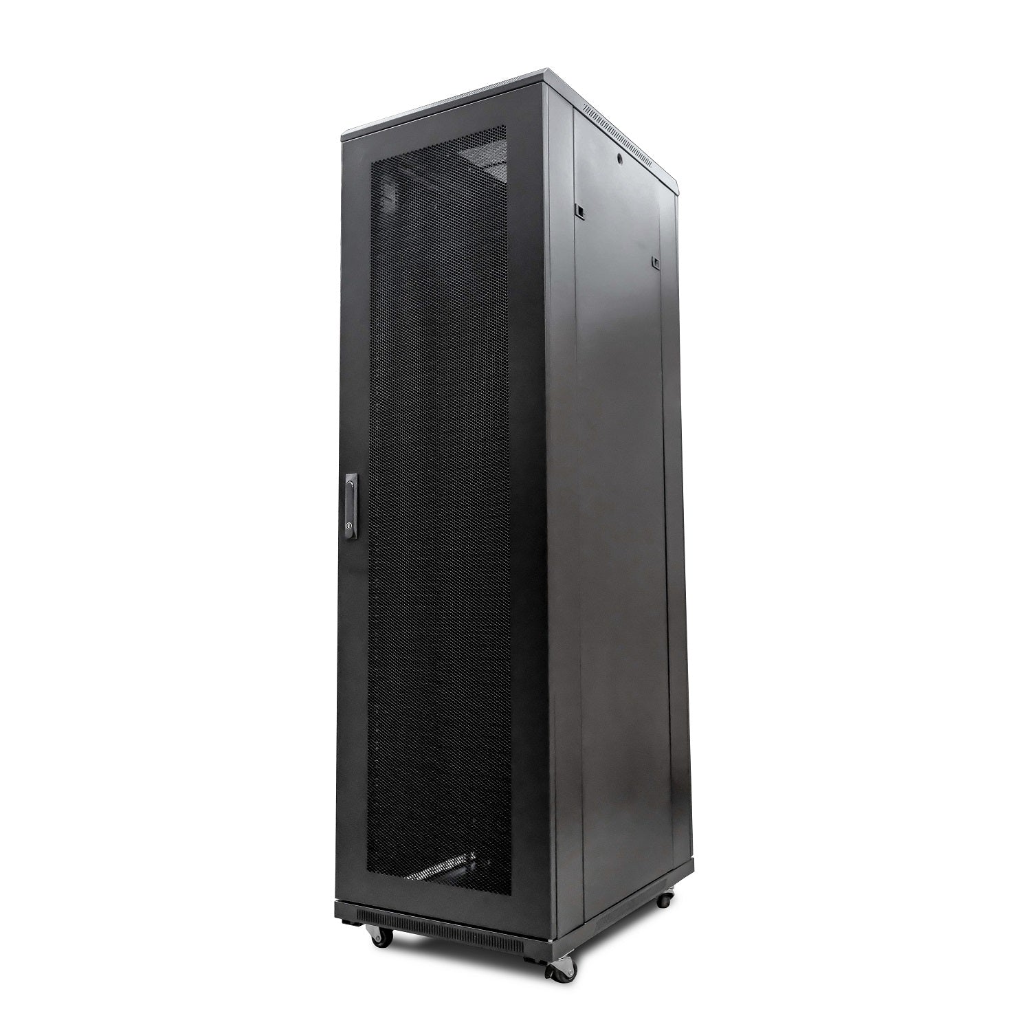 Isometric right front view of 27U Floor-standing Server Cabinet showing its closed lockable mesh door and removable right side panel