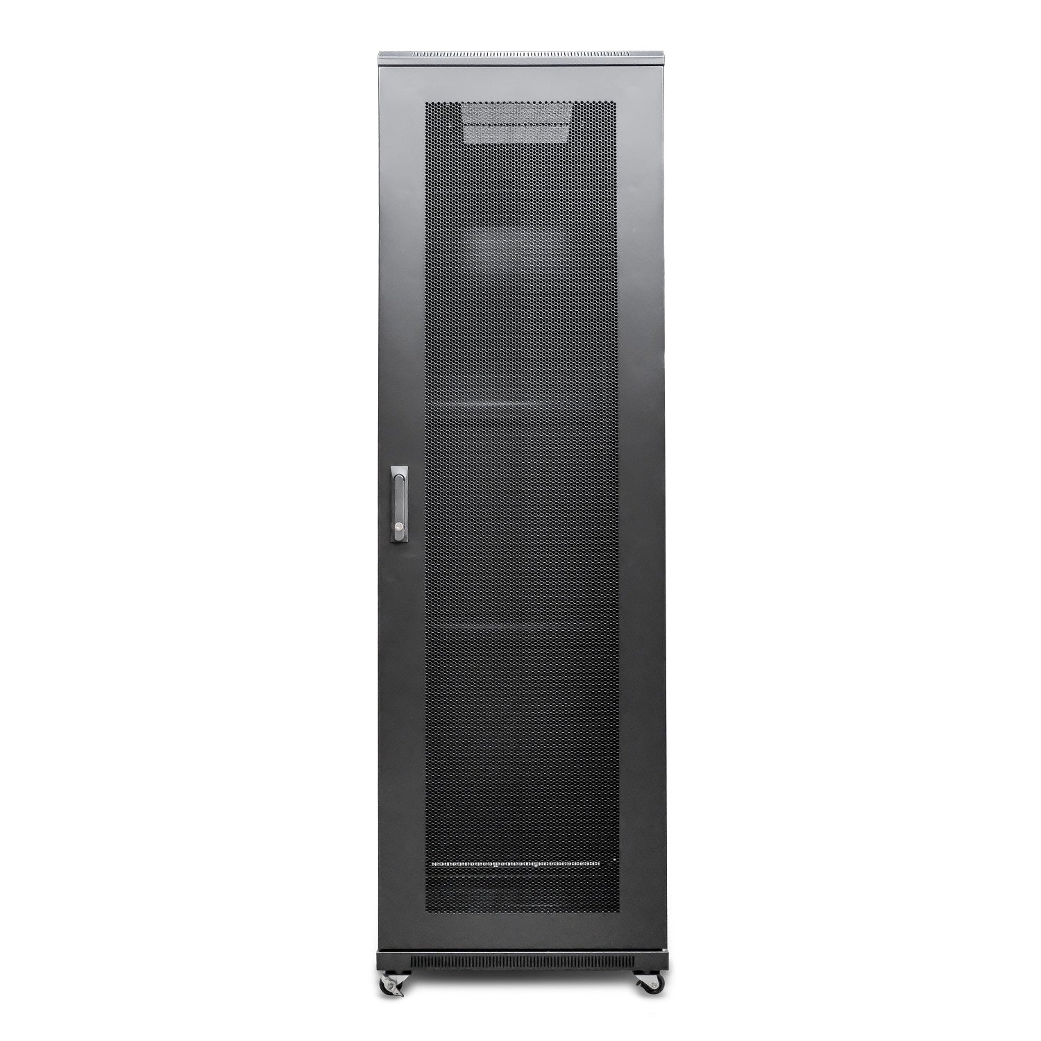 Front view of 27U Floor-standing Server Cabinet showing its closed lockable mesh door