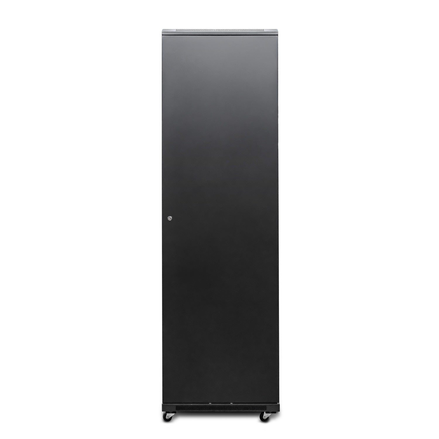 Rear view of 42U Floor-standing Server Cabinet showing its closed removable and lockable rear panel and caster wheels