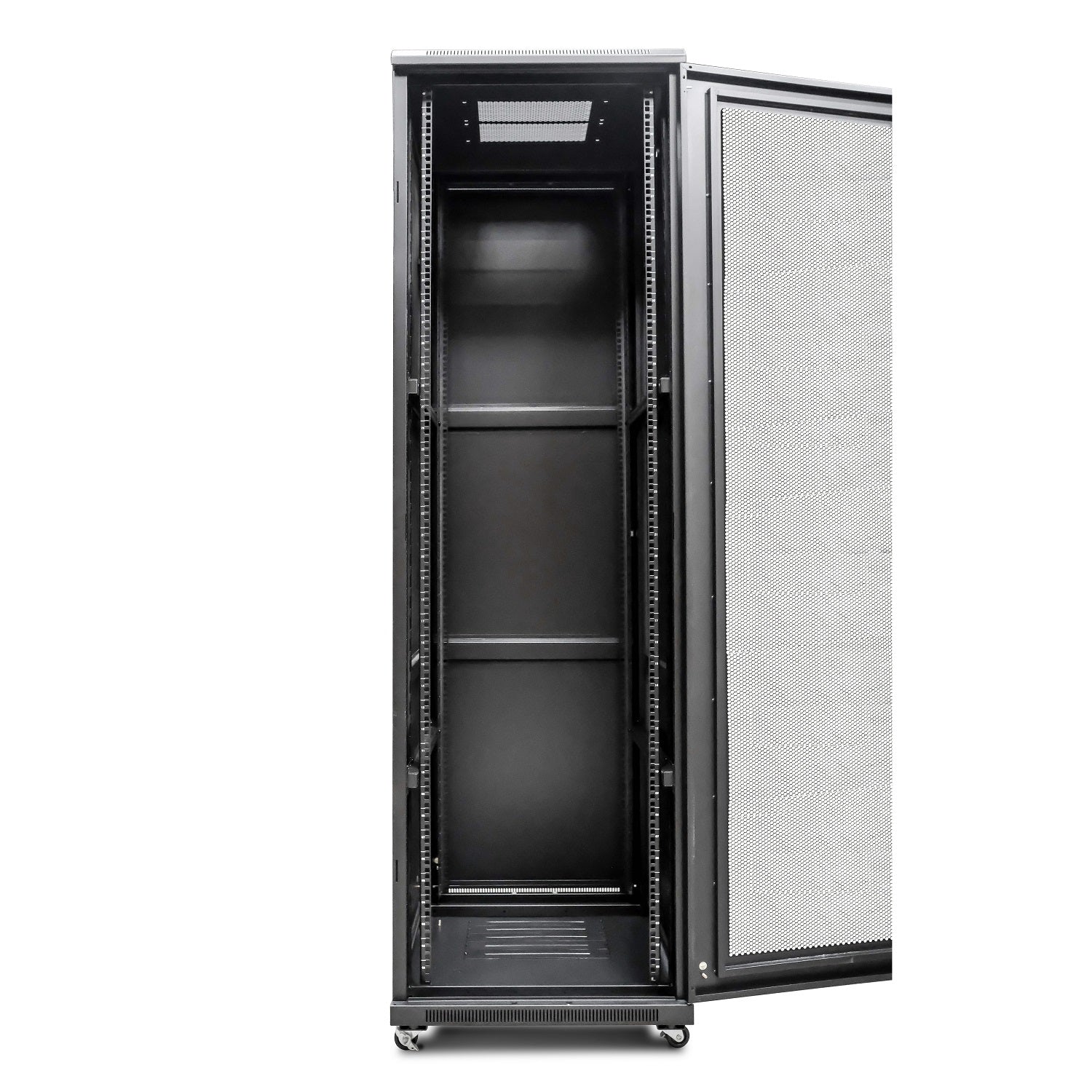 Front view of 42U Floor-standing Server Cabinet with fully-opened front door, showing the vented interior and caster wheels.