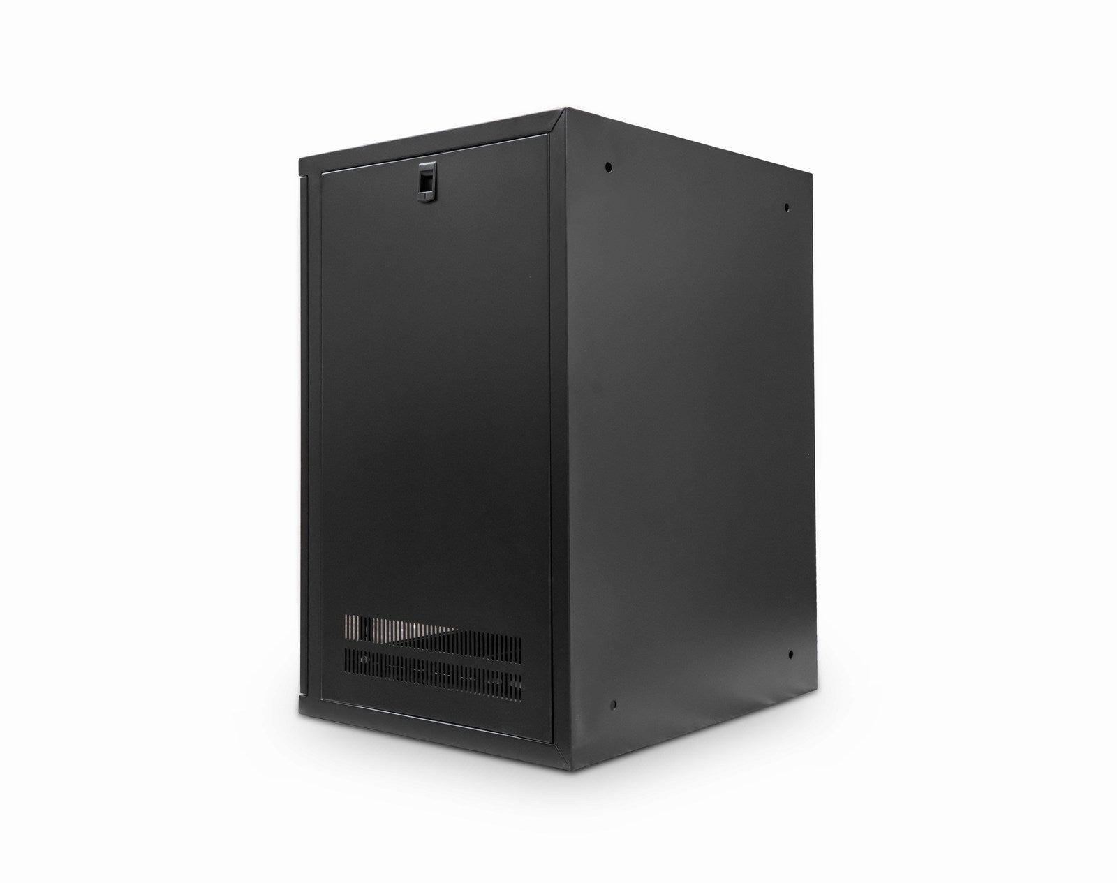 Rear Isometric view of a Black 12U 550mm 19" ETSI Wall Mount Network Cabinet shown with attached  right-side panel.
