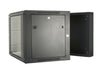 Right isometric view of a black 12U 550 mm Double Sectioned Wall Mount Data Cabinet showing its hinged rear access opened and its lockable front and right panel closed.