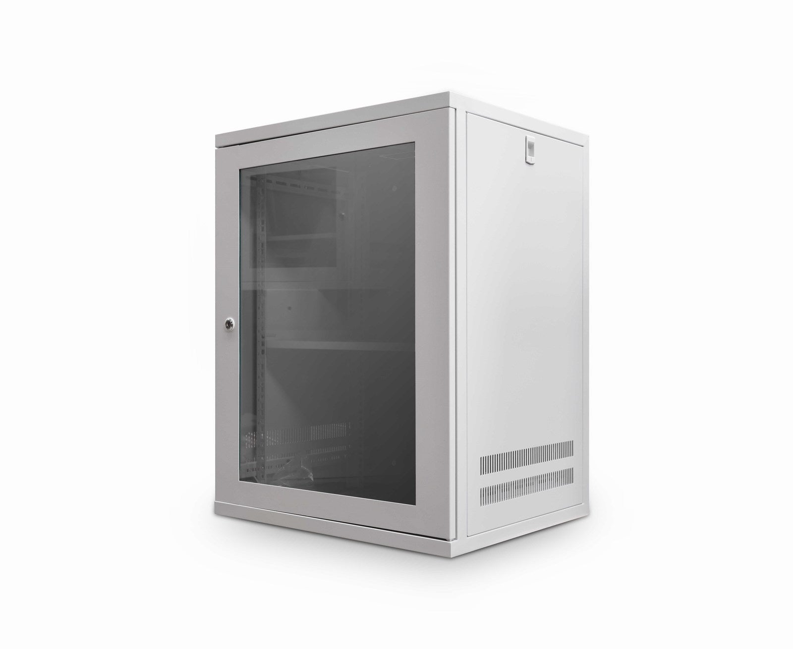 Front isometric view of a grey 15U 550mm 19" ETSI Wall Mount Network cabinet with its  glass door closed.