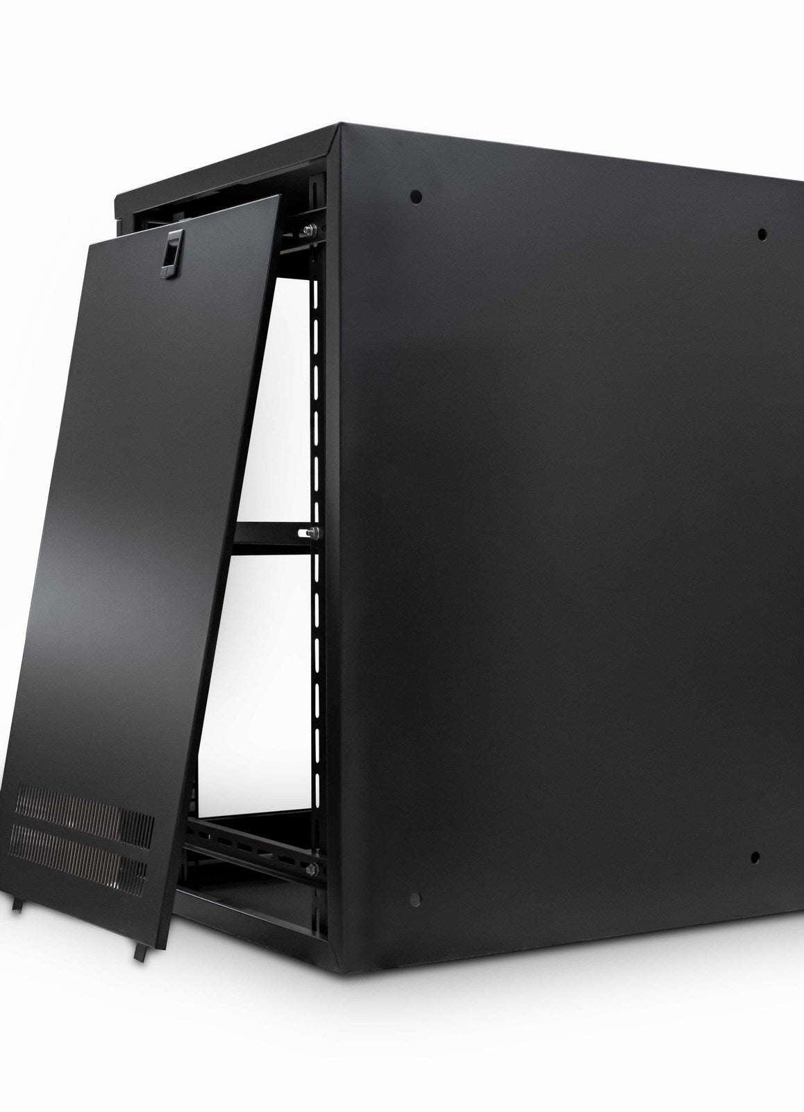 Rear Isometric view of a Black 21U 550mm 19" ETSI Wall Mount Network Cabinet shown with dismantled right-side panel placed  on the side.