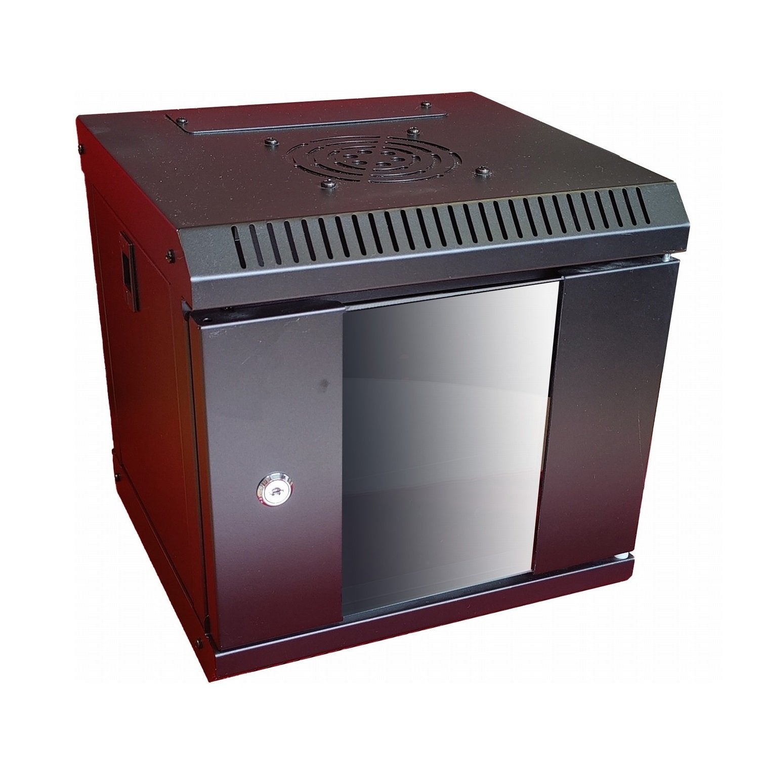 Black 4U 300mm Deep 10 inch (SoHo) Wall Mount Data Cabinet shown with top panel fan and corner vents, plus its door closed.
