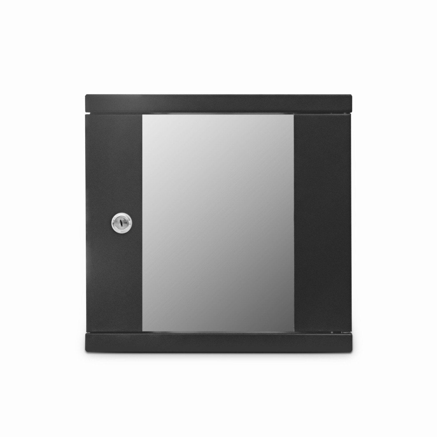 front view of a Black 4U 300mm Deep 10 inch (SoHo) Wall Mount Data Cabinet shown with door closed.