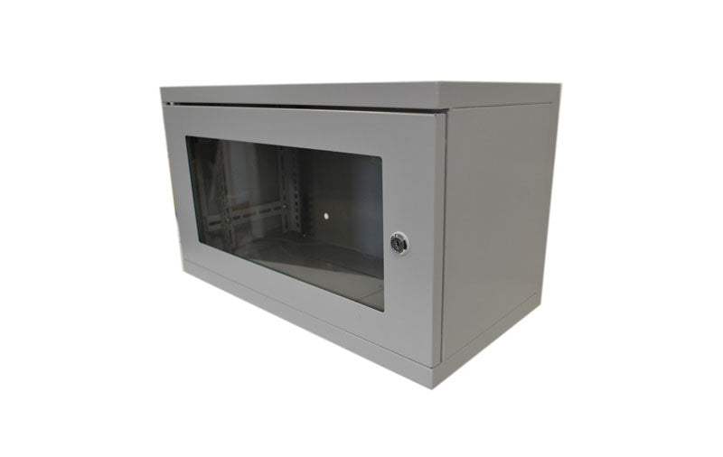 Isometric front view of a Grey 6U 280mm Deep Wall Mount Network Cabinet shown with glass door closed.