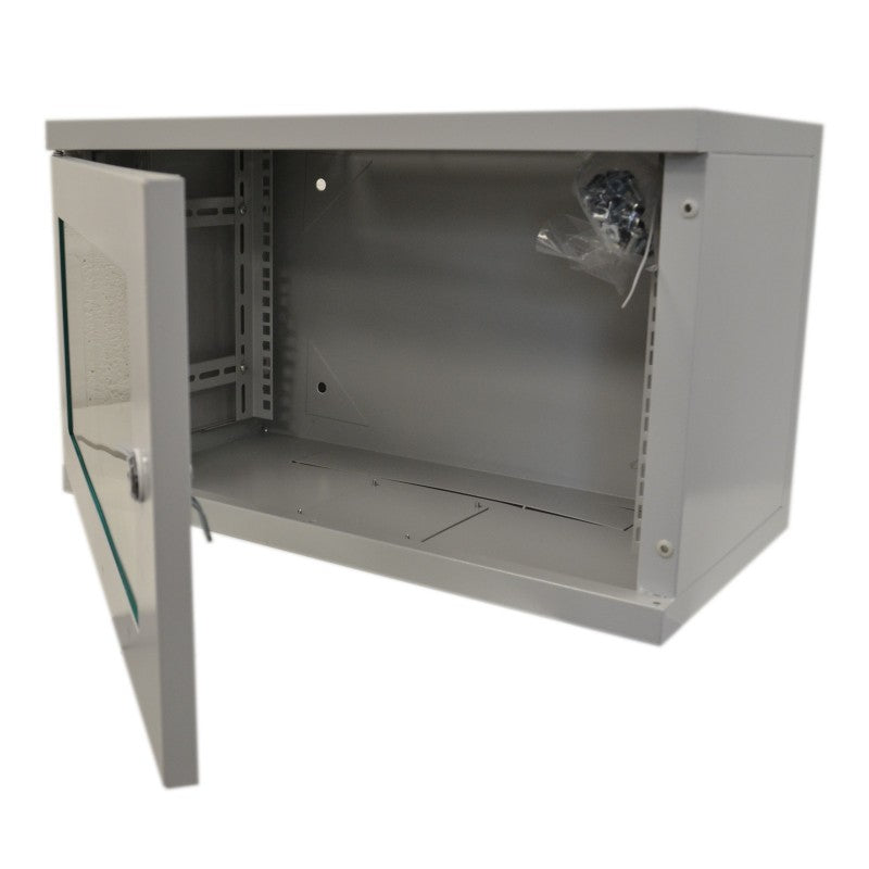 Isometric front view of a Grey 6U 280mm Deep Wall Mount Network Cabinet shown with glass door half-opened.