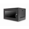 Isomeric front view of a Black 6U 400mm Deep 19-inch Wall Mount Data Cabinet shown with glass door closed and keys inserted.