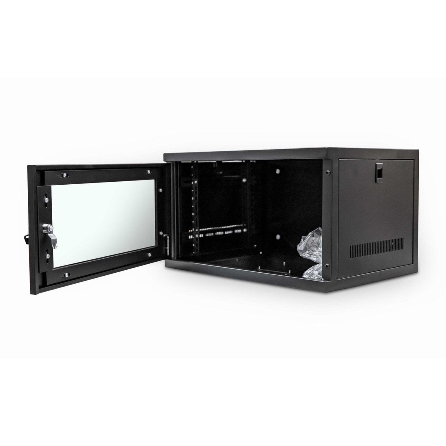 Isomeric front view of a Black 6U 400mm Deep 19-inch Wall Mount Data Cabinet shown with glass door fully opened.