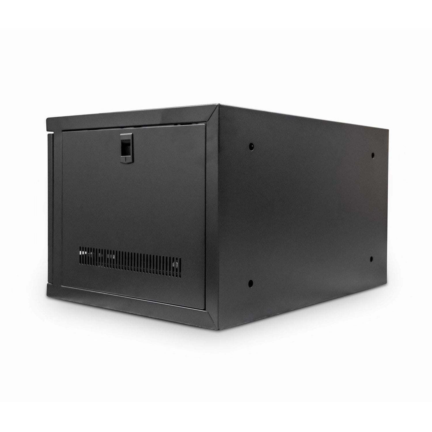 Isometric rear view of a black 6U 450mm Deep 19-inch Wall Mount Data Cabinet showing its right removable vented panel.