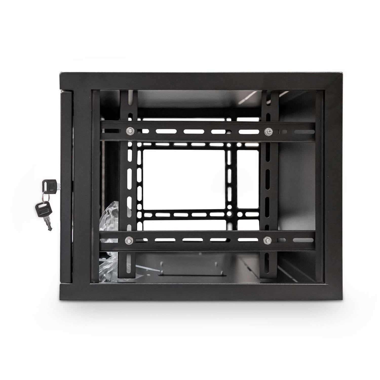 Right side view of a 6U 450mm Deep 19-inch Wall Mount Data Cabinet with its right and left panels removed, and keys inserted in the front door.