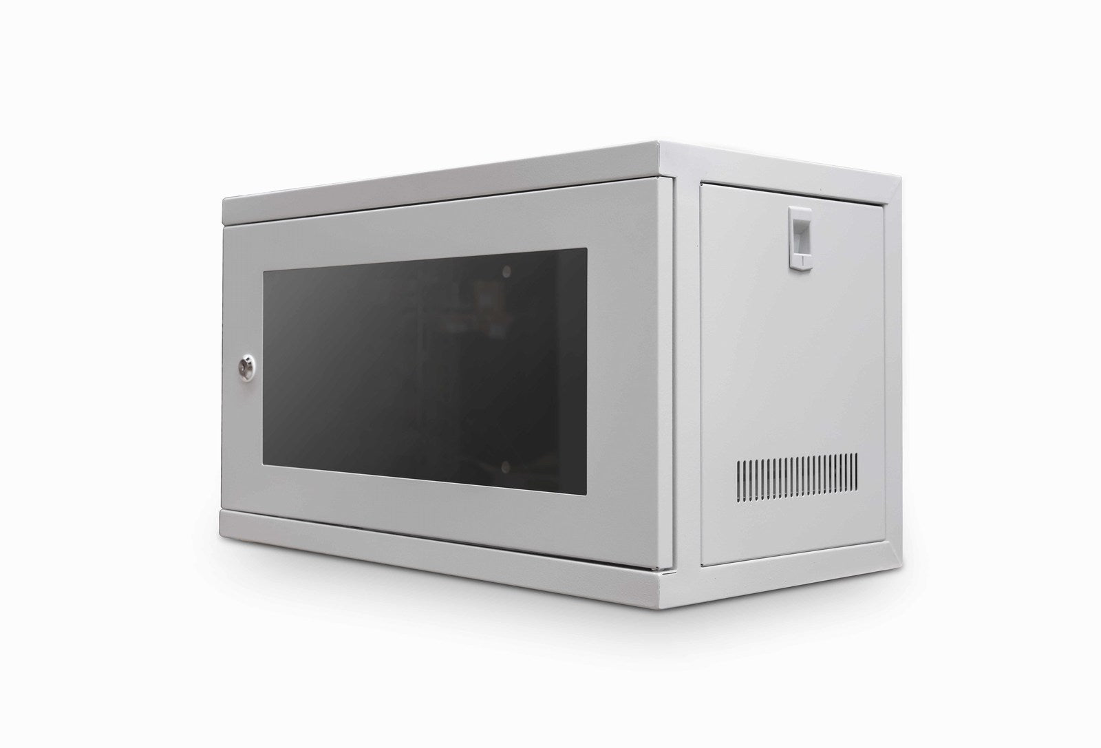 Isometric front view of a 6U 450mm 19"  Wall Mount Network Cabinet in Grey.