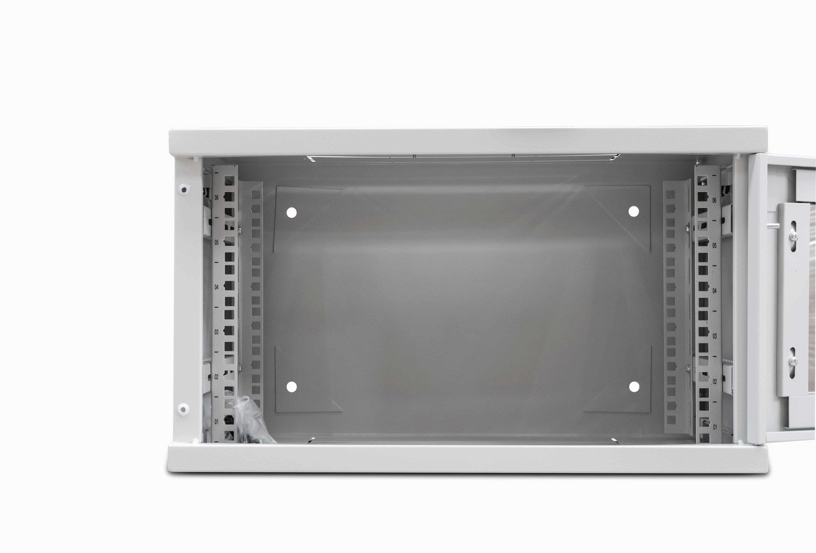 Front view of a 6U 450mm 19" Wall Mount Network Cabinet in Grey with its door fully opened.