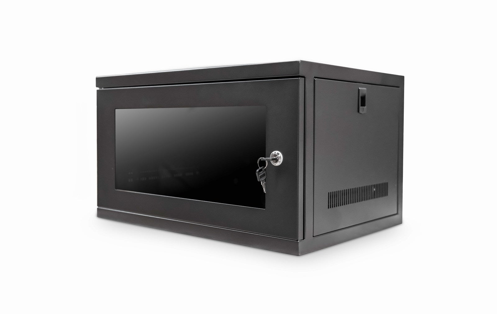 Isometric front view of a 6U 550mm 19" Data Wall Mount Network Cabinet - Black.