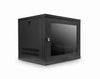 Isometric front view of a 9U Wall Mount Data Cabinet 550mm 19" rackmount w/ Shelf - Black, shown with closed and locked door.