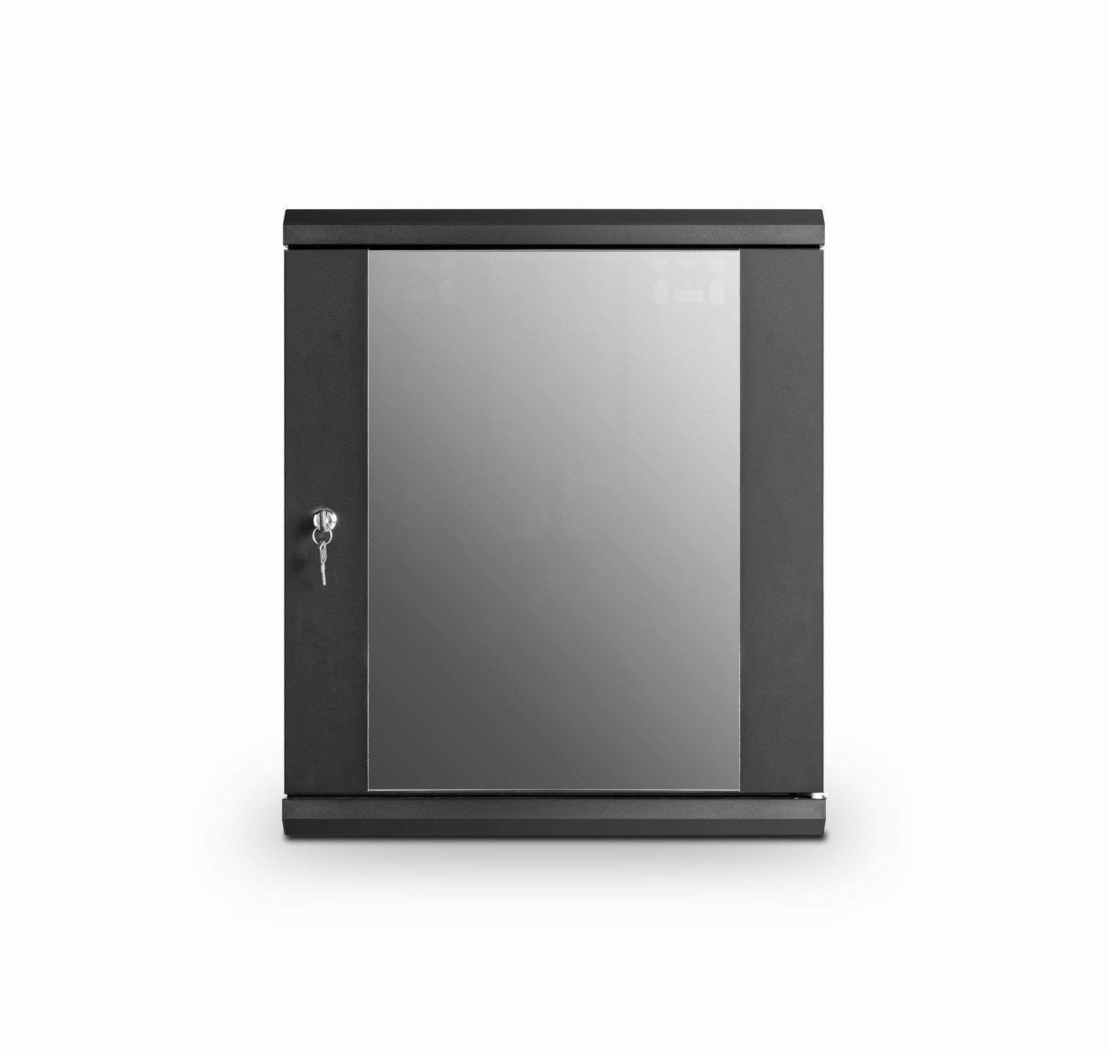 Front view of a black 12U 450mm-Deep  & 19" ETSI Wall mount Network Cabinet  with its glass door closed and keys inserted.