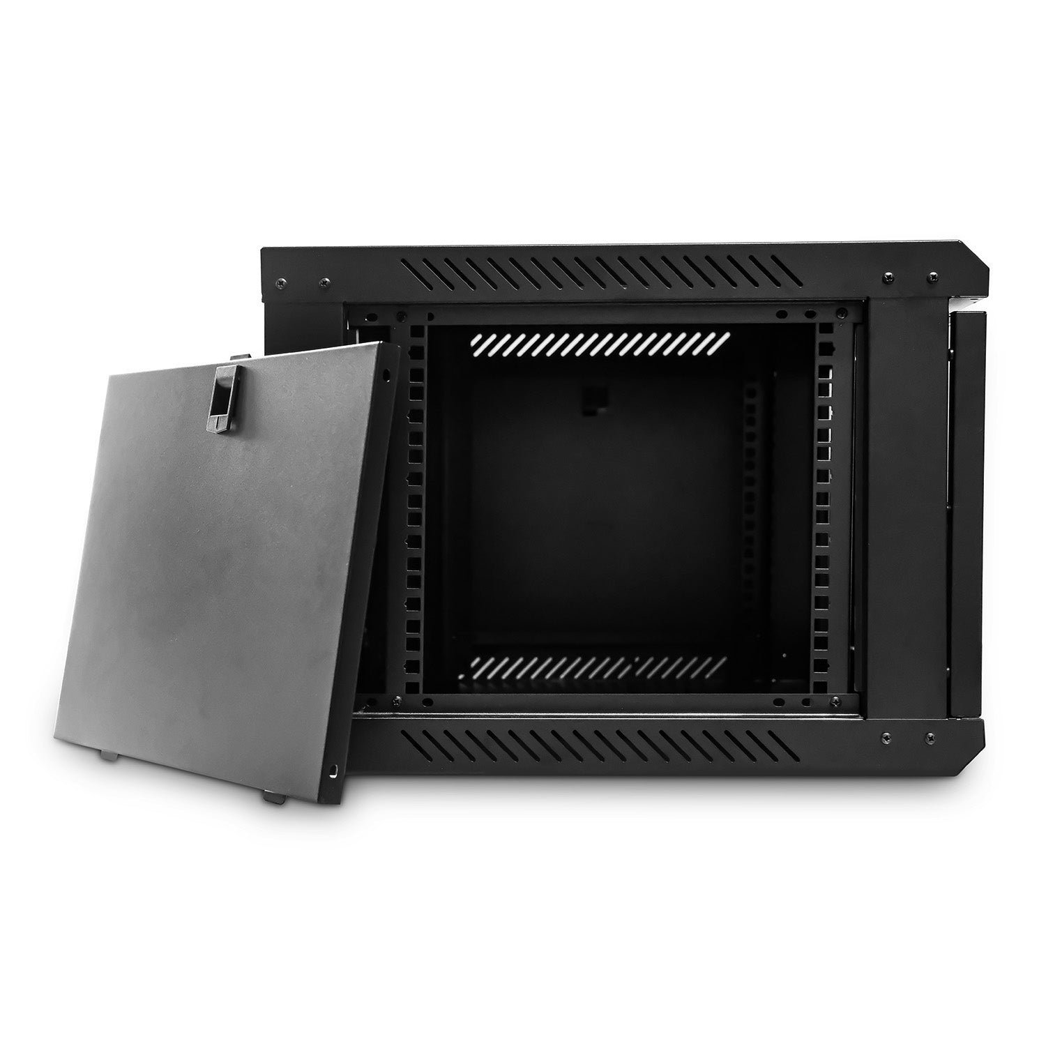 Left side view with removed panel, placed on its side, of a 6U 450mm Deep  Wall Mount Data Cabinet.