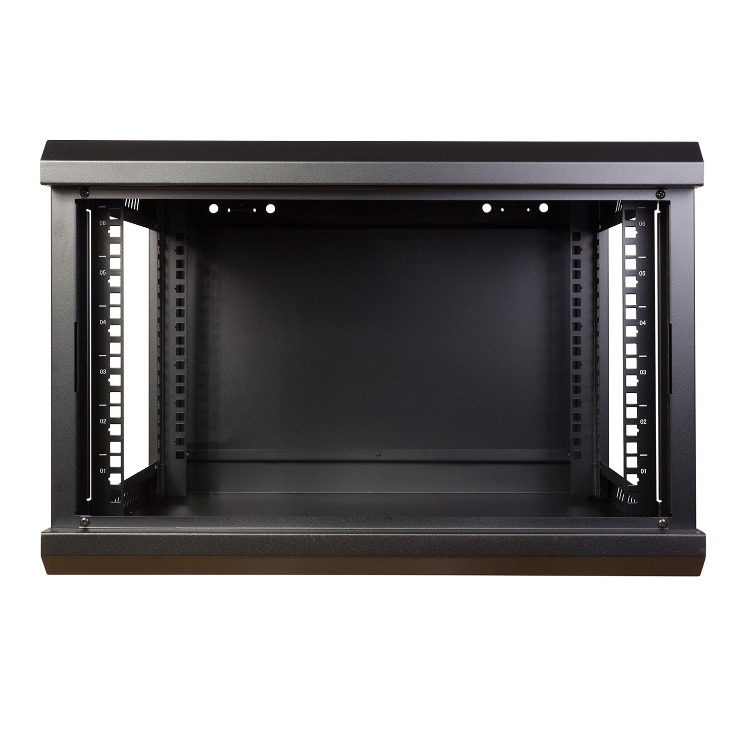 Front view of a 6U 450mm Deep Wall Mount Data Cabinet with removed door and both sides panels.