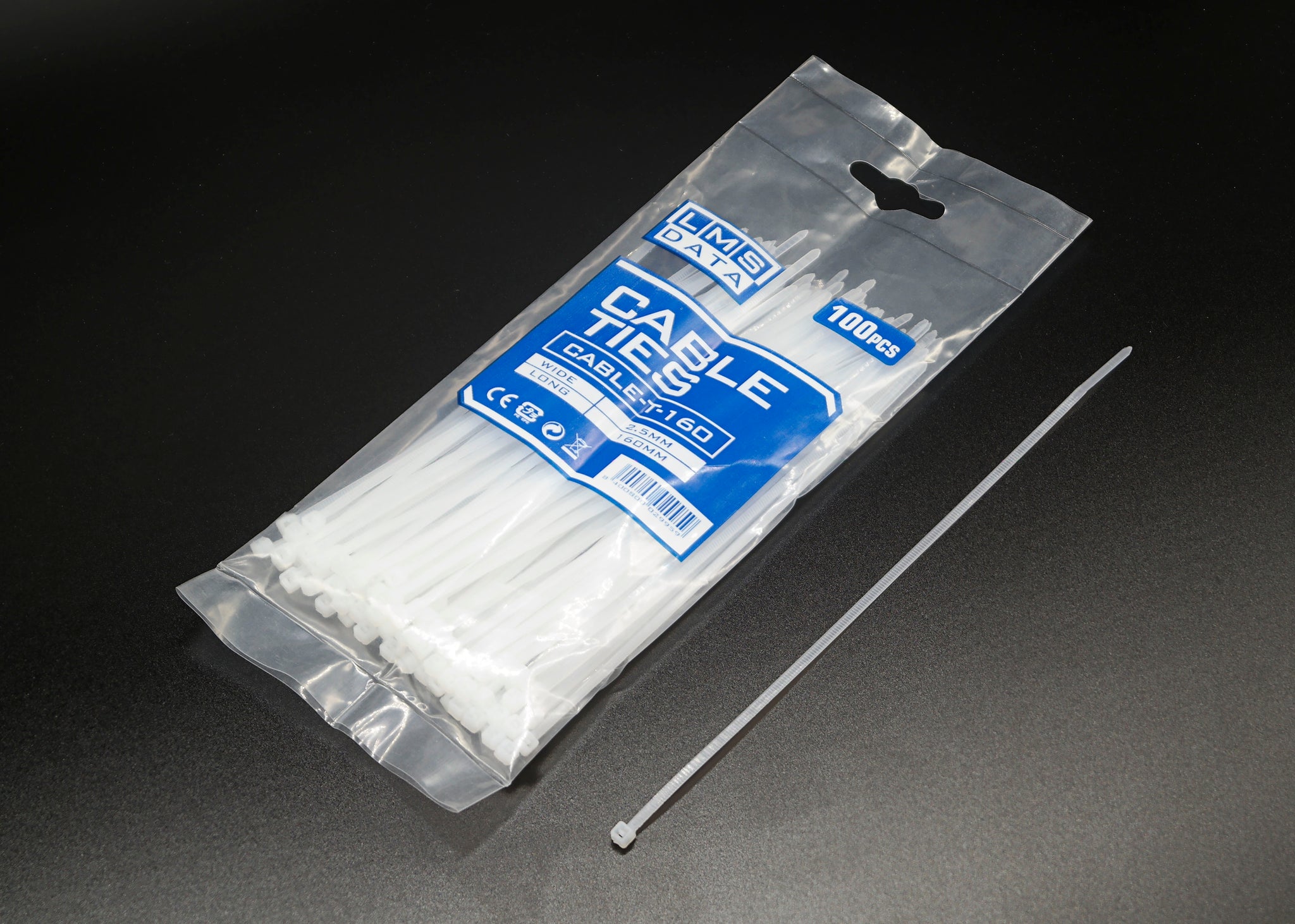 White Cable Ties 2.5mm wide x 160mm long - Bag of 100