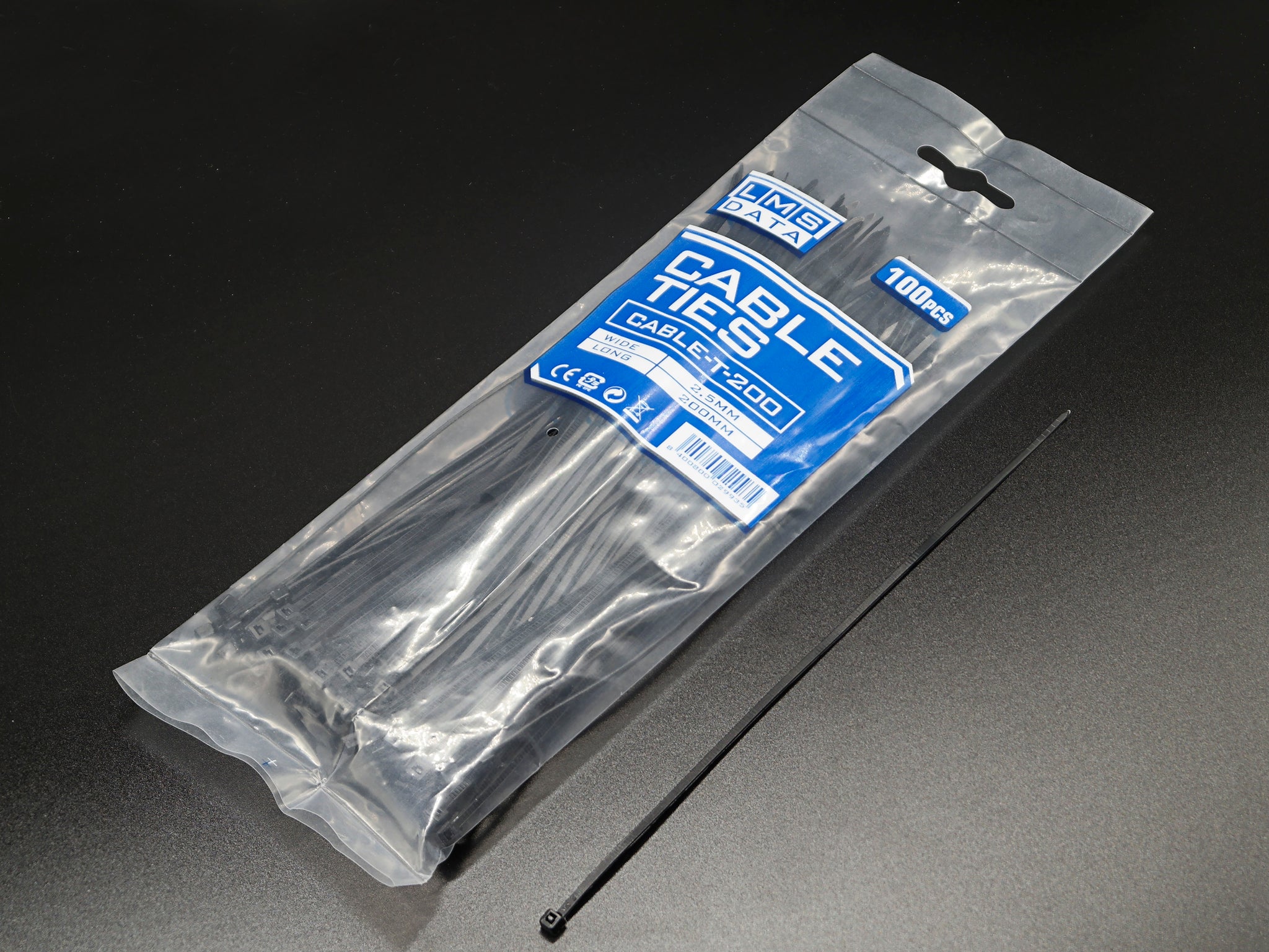 Black Cable Ties 2.5mm wide x 200mm long - Bag of 100 (CABLE-T-200B)