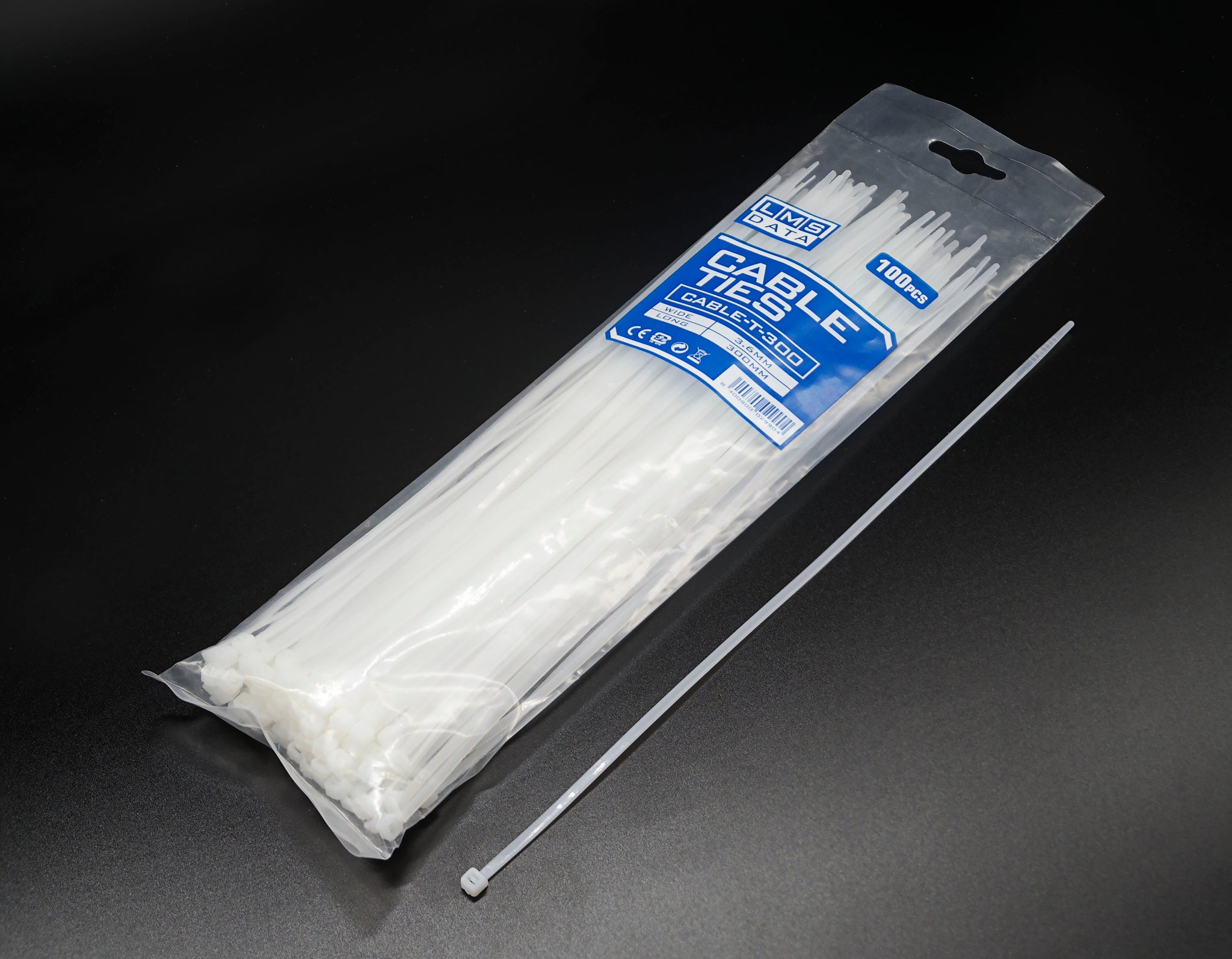 White Cable Ties 3.6mm wide x 300mm long - Bag of 100