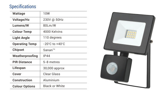 10W LED Flood Light with Sensor - 800LM / Lumens (IP44) 2835 - Netbit UK