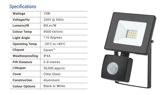 10W IP44 Electrical Outside LED Flood Light with Sensor - 800LM / Lumens (IP44) 2835