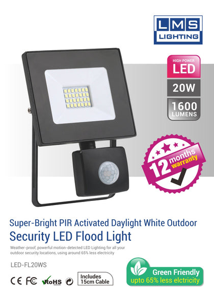 20W Led Flood Light with Sensor - 1600LM / Lumens (IP44) 2835 - Netbit UK