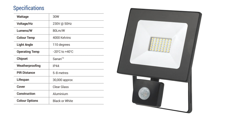 30W LED Flood Light with Sensor - 2400LM / Lumens (IP44) 2835 - Netbit UK