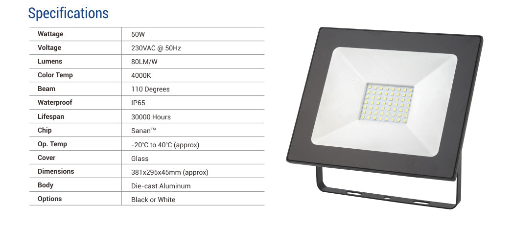 50W LED Flood Light - 4000LM / Lumens (IP65) 2835 - Netbit UK