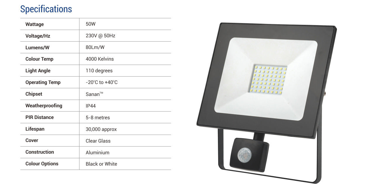 50W LED Flood Light with Sensor - 4000LM / Lumens (IP44) 2835 - Netbit UK