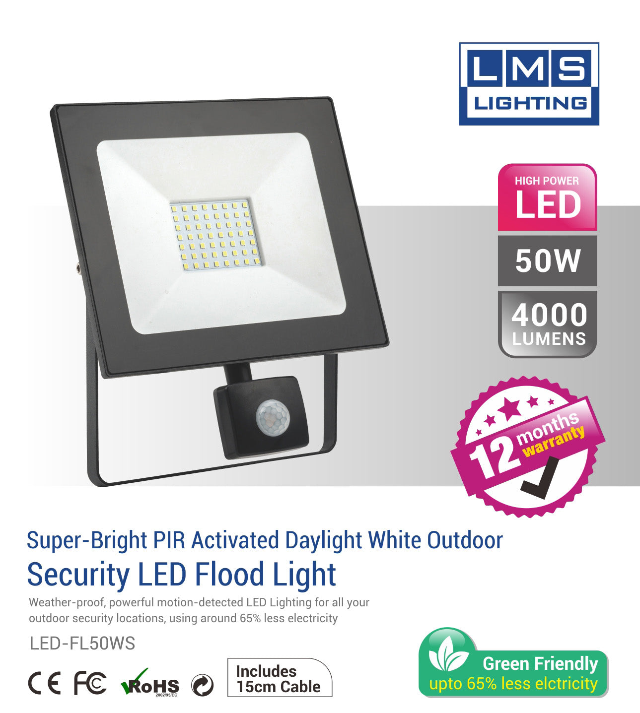 50W IP44 Electrical Outside LED Flood Light with Sensor - 4000LM /  Lumens (IP44) 2835