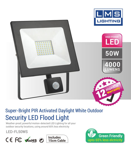 50W LED Flood Light with Sensor - 4000LM / Lumens (IP44) 2835 - Netbit UK