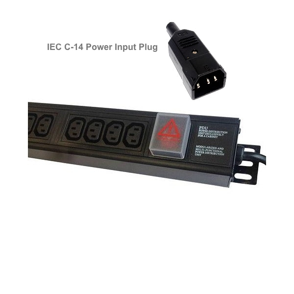 Partial right part front view of a 1U 19" 10-Way Horizontal Switched 10A IEC13 Sockets to IEC14 Plug Rack PDU showing the covered input power switch, right mounting bracket, and IEC14 plug in close-up view.